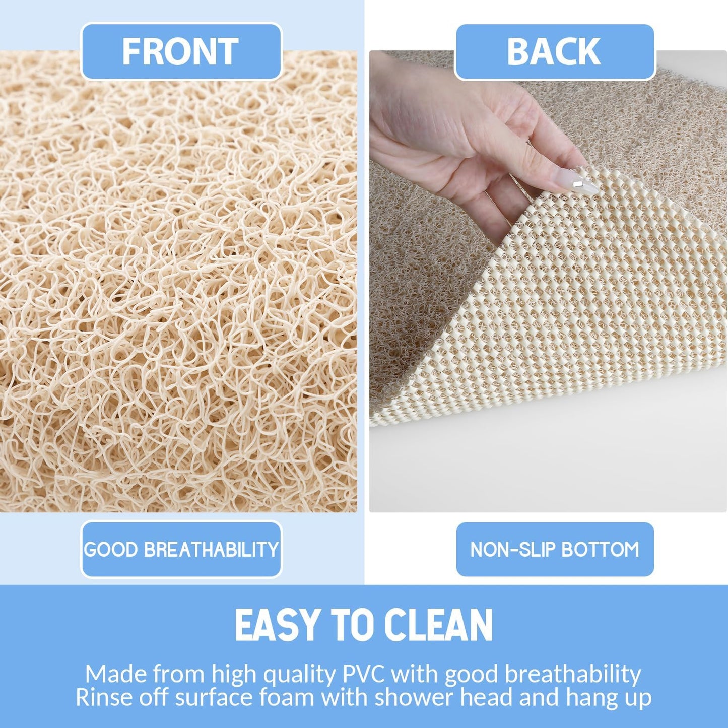 Non Slip Shower Mat, Anti Slip Bath Mat, Quick Drying Bath Tub Mats, Foot Scrubber Mat, Anti Slip Mat for Tub, Floor, Bathroom, Home, Kitchen, Hotel (Beige 24”x24”)