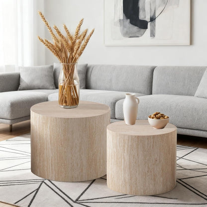 Round Nesting Coffee Table Set of 2 Small Round Coffee Tables for Living Room Modern Fluted Coffee Table Circular End Table Side Table for Small Spaces No Assembly (Travertine, 18 in)