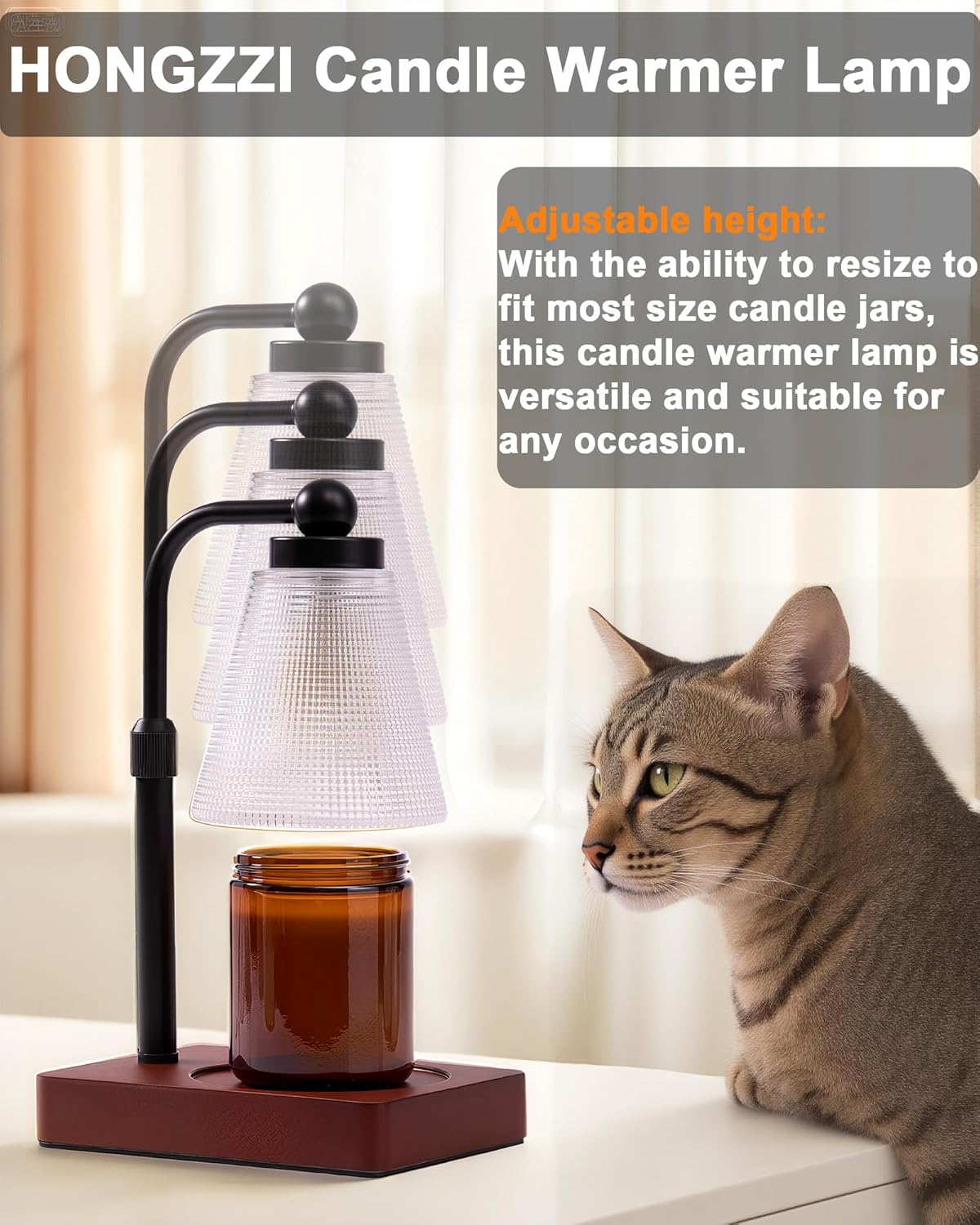 Candle Warmer Lamp - Electric Candle Warmer with Timer, Adjustable Height & Brightness, 2 Replacement Bulbs, 1-Year Warranty - Perfect for Jar Candles, Kitchen, Living Room, Bedroom (Clear)