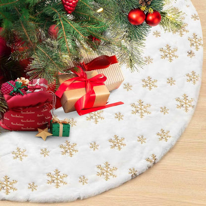 Christmas Tree Skirt, 48 Inch White Luxury Faux Fur & Gold Sequin Snowflakes, 4ft Xmas Tree Skirt for Holiday Tree Ornaments Christmas Party Home Decorations