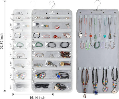 Freegrace Hanging Jewelry Organizer Revolving Hanger - Secure Zipper Closure - 25 Pockets,23 Hooks - Foldable Storage & Display Solution - For All Jewelry & Bijoux (Gray)