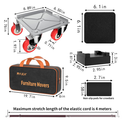 MYUEA【Upgrade Large】 Furniture Dolly,Furniture Movers with 5 Wheels,Carbon Steel Panel Heavy Duty Dolly,Furniture Lifter with 5 360° Rotatable Rubber Universal Wheels,Maximum Load 3474 LBS(Silver)