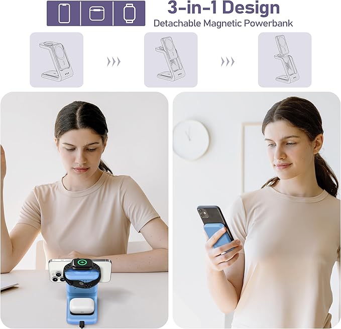 3 in 1 Wireless Charging Station: 5000mAh Removable Power Bank Charger Stand for Phone/Watch/Air Pods - Portable Magnetic Battery Pack for Air 17 16 15 14 13 12 Series Blue