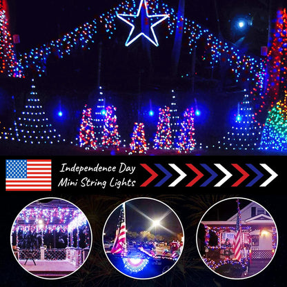 4th of July Decoration Patriotic Mini String Lights - 200 Count 50 Feet Red White Blue Christmas Lights Green Wire Waterproof for Indoor Outdoor Xmas Holiday Party Patio Independence Day Decoration