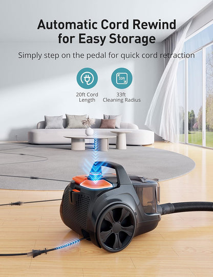 Aspiron Canister Vacuum, Upgraded 1600W Bagless Canister Vacuum Cleaner, Auto Cord Rewind, H13 HEPA Filter, 3.7Qt Large Capacity, 5 Tools for Hard Floors, Carpet, Pet, Upholstery, Tiles, Persimmon
