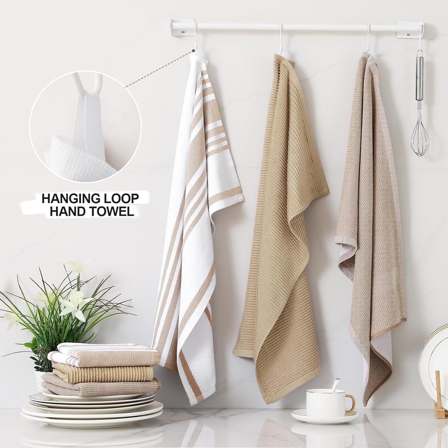 Homaxy Premium Kitchen Towels(18”x 28”, 9 Pack), Large Cotton 380 GSM Kitchen Hand Towels, Soft and Absorbent Terry Dish Towels, Multipurpose Tea Towel Set with Hanging Loop, Khaki