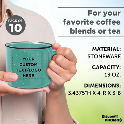 DISCOUNT PROMOS Custom Ceramic Campfire Coffee Mugs 13 oz. Set of 10, Personalized Bulk Pack - Perfect for Tea, Espresso, Cappuccino, Hot Cocoa - Mint