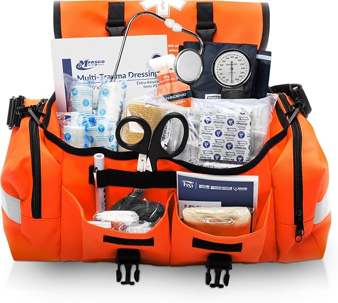 MFASCO First Aid Kit - Fully Stocked Portable Reflective Bag - First Responder Emergency Response Kit - for Natural Disaster Preparedness - Customizable Storage - Includes 415 Pcs First Aid Supplies