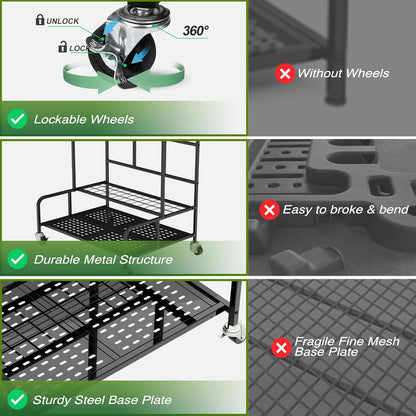 Garden Tool Organizer Rack with Wheels Up to 39 Tools, Heavy-Duty Steel Yard Tool Organizer for Garage Storage with 12 Hooks, Broom Holder & Garden Tool Rack for Shed, Patio, Outdoor Use, Black