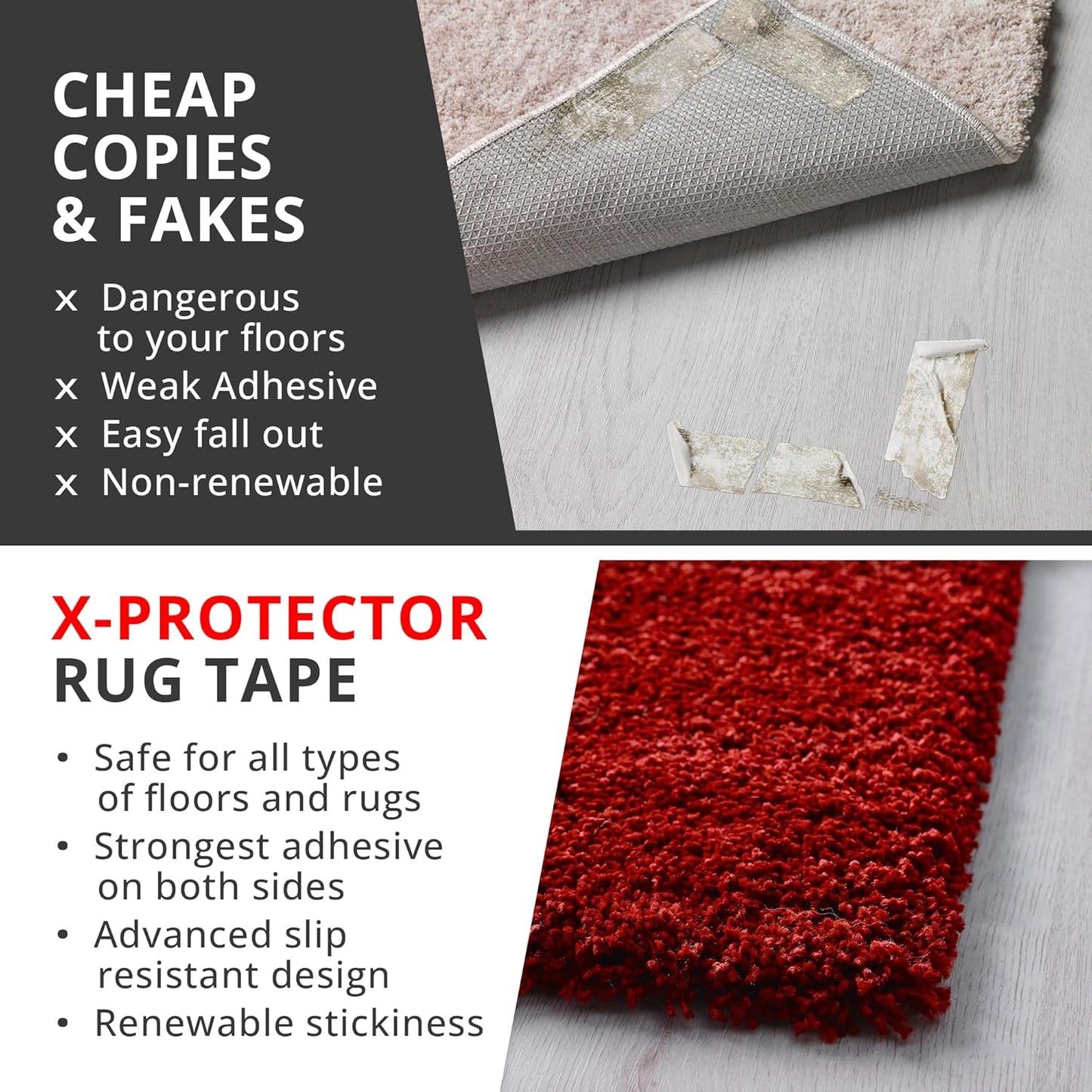 X-Protector Rug Tape - 16 Pcs Set - White Anti-Slip & Anti-Curling Carpet Tape for Hard Floors - Premium Rug Pad Gripper - Ideal Carpet Corner Grippers to Keep Your Carpet in Place & Make Corners Flat