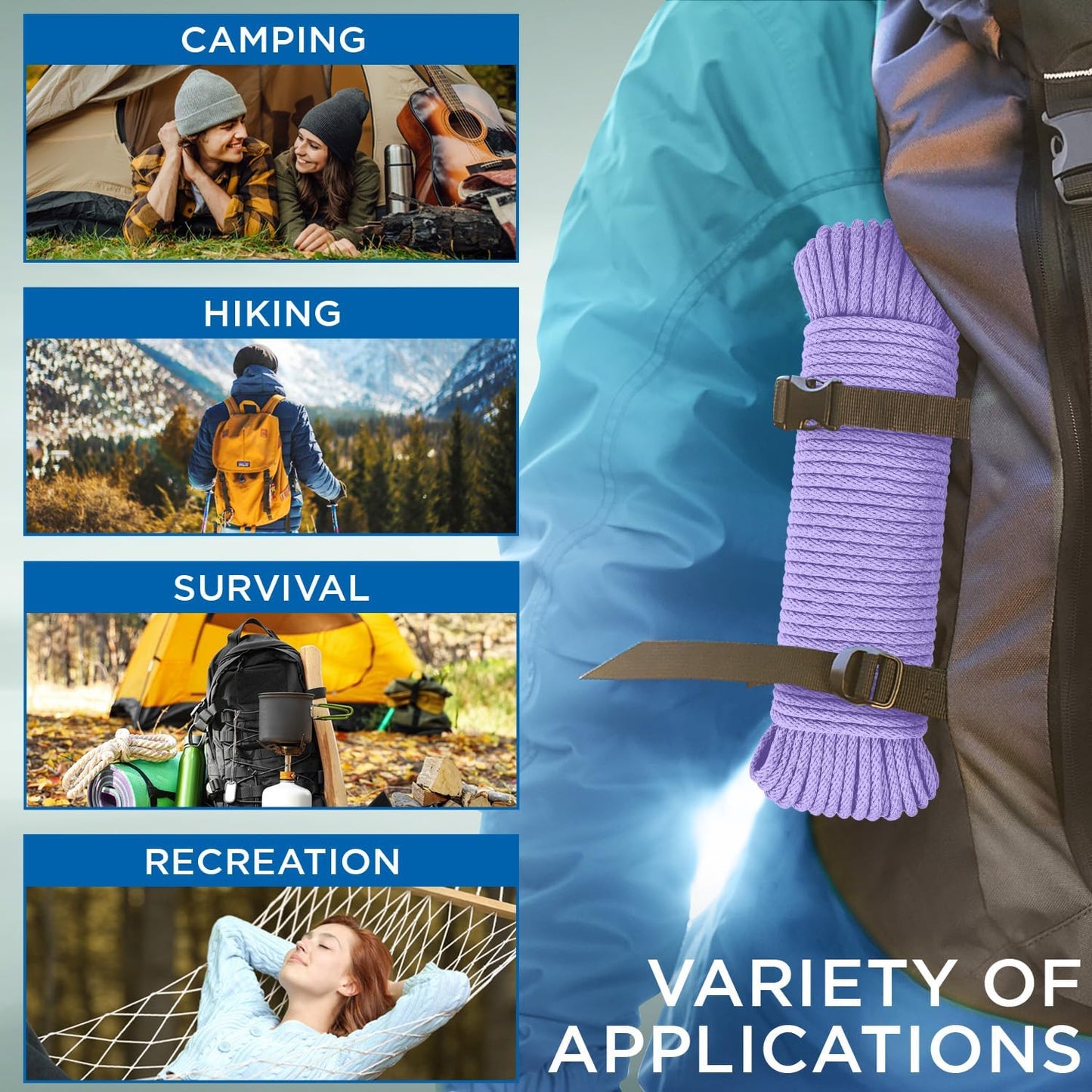 TECEUM Cotton Rope 3/16” (5 mm) – 50 FT – Strong All-Purpose Braided Rope – Natural Cotton – for Crafting, Сamping, Clothes Line, DIY, Indoor & Outdoor Use – Lavander