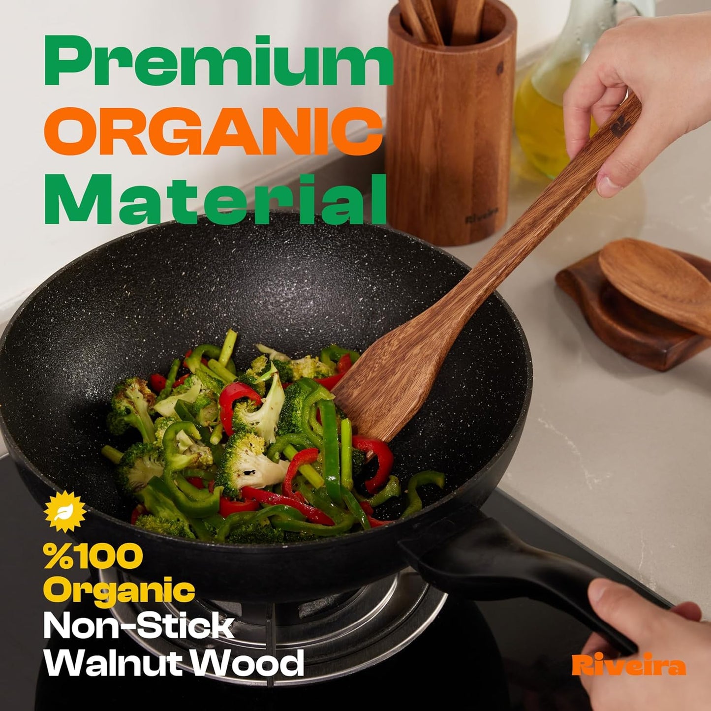 Riveira Walnut Wooden Spoons for Cooking Set of 3 – Natural Walnut Wooden Cooking Utensils, Spatula, Spoon - Premium Quality Utensil Set for Non-Toxic Cooking