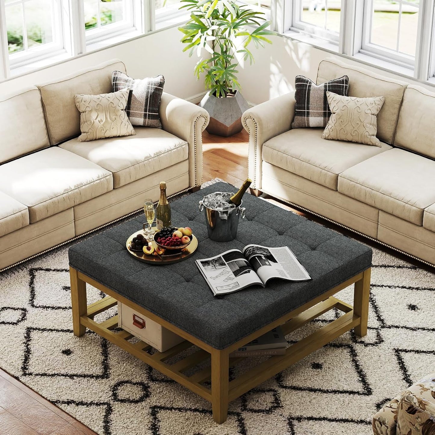 Large Square Ottoman Coffee Table, Linen Solid Upholstered Footrest Ottoman with Solid Wood Shelf Storage Tufted Coffee Table for Bedroom Living Room, Dark Gray