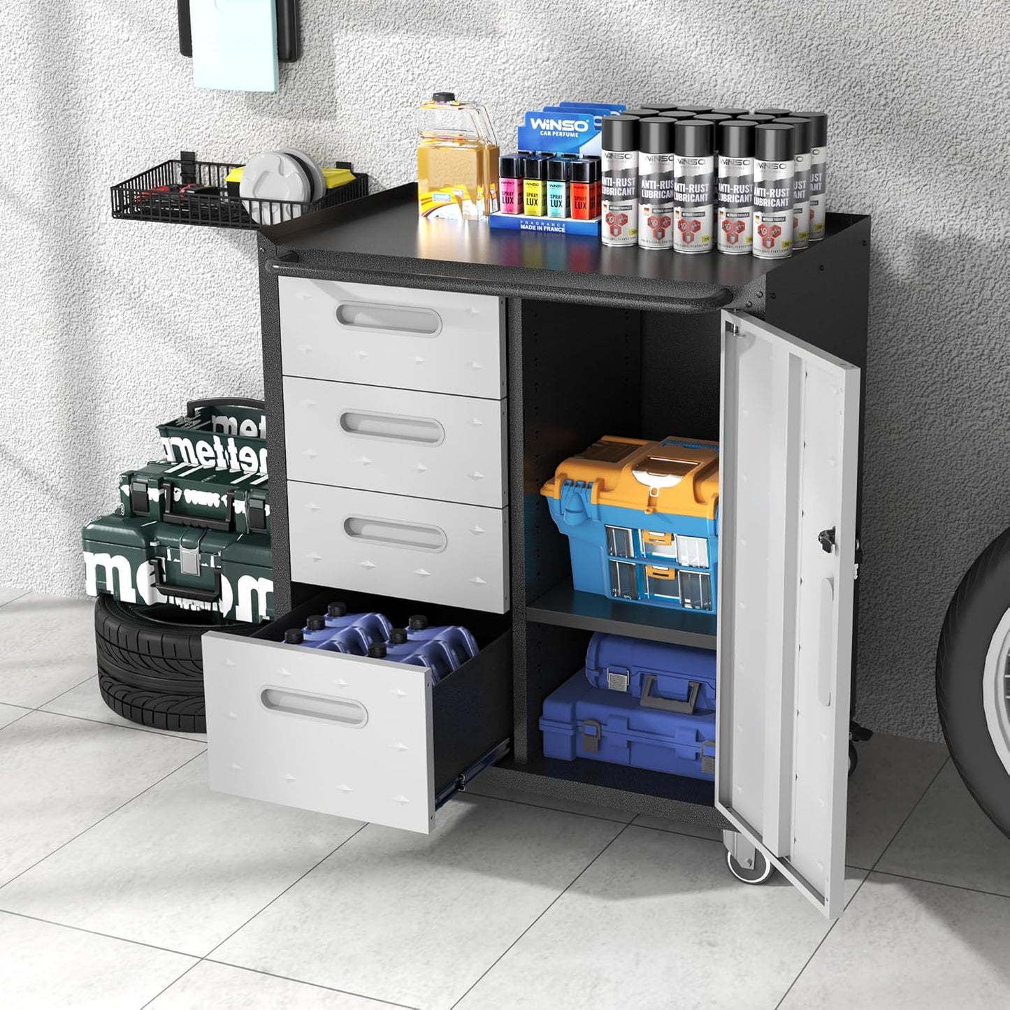 Metal Storage Cabinet with Wheels, Rolling Tool Cabinet with Adjustable Shelve, Locking Garage Storage Cabinet with 4 Drawer and 1 Door for Tools, Assembly Required (Black/Grey)