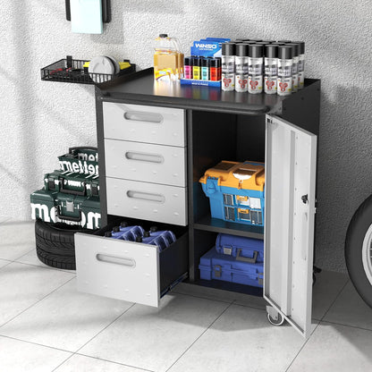 Metal Storage Cabinet with Wheels, Rolling Tool Cabinet with Adjustable Shelve, Locking Garage Storage Cabinet with 4 Drawer and 1 Door for Tools, Assembly Required (Black/Grey)