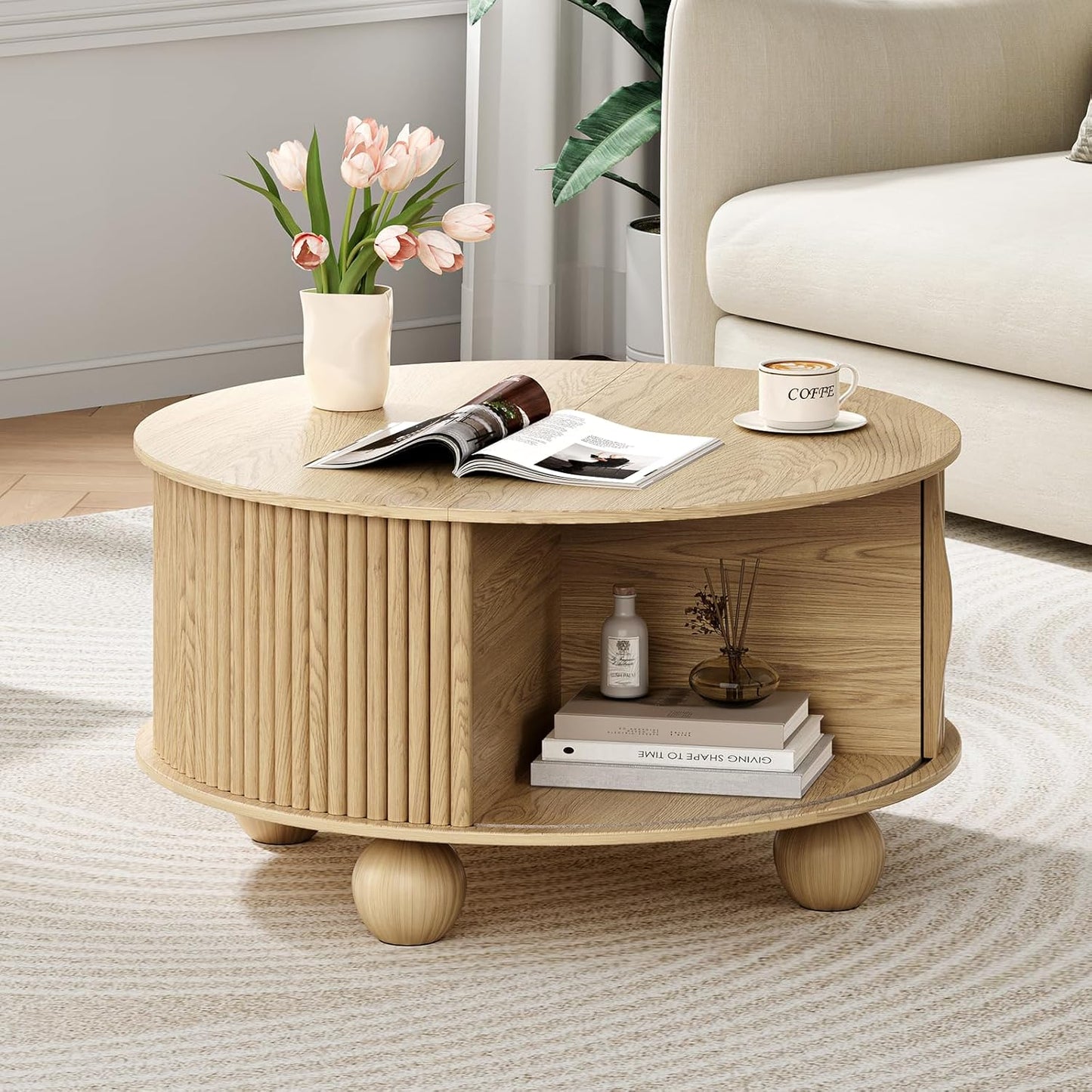 Round Coffee Table with Storage,Fluted Lift Up Coffee Table with Sliding Door,31.5" Drum Center Table with Bun Feet for Living Room,Home Small Space,Oak