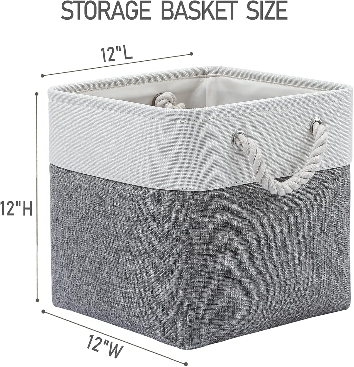 12 x 12 Inch Cube Storage Bins, 6 Pack Large Collapsible Fabric Storage Bin with Ropes, Foldable Storage Cubes for Home, Office,Closet, Clothes, Toys Organizer (White & Grey)