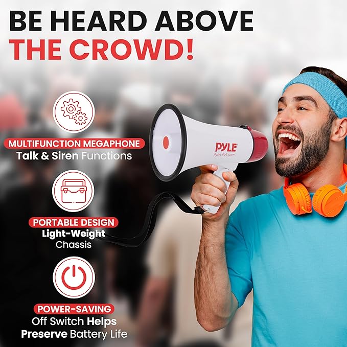 Pyle 20W Megaphone Bullhorn - 5.4'' x 8.6'' Portable Megaphone, Projection Range Up to 1100 Sq. Yards, Voice Talking & Siren Alert, Shoulder Strap, Battery Operated, (White)