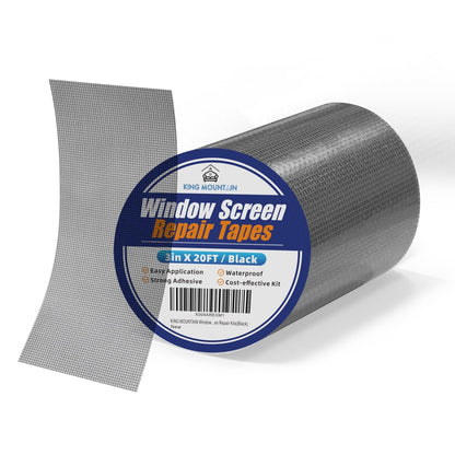 KING MOUNTAIN Black Window Screen Repair Tape,3inX20FT Heavy Duty Screen Repair Kit for Window Screen and Screen Door Tears Holes,Strong Adhesive & Waterproof Window Screen Patch