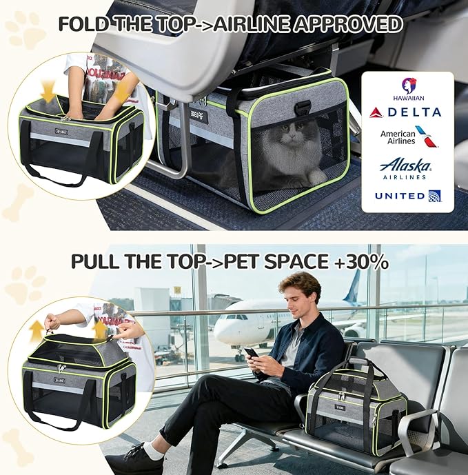 Lekereise Top-Expandable Pet Carrier 17x11x9.5 Inch Alaska Hawaiian Airline Approved Soft Sided Underseat to 12lbs Travel Carriers for Small Cats and Dogs with Locking Safety Zippers Anti-Scratch Mesh