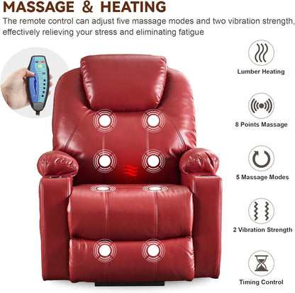 SALOHZA Power Lift Recliner Chair for Elderly with Massage and Heat for Living Room, Electric Recliner Chair for Adults with USB/Type C Port/Cup Holders, PU Faux Leather, Red