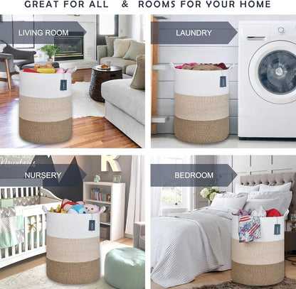 COMSE Extra Large Blanket Basket, Tall Woven Storage Basket, Nursery Hamper, 15.7”x 21.7”, Cotton Rope Laundry Hamper for Toys Clothes Towels, White/Gradient Brown