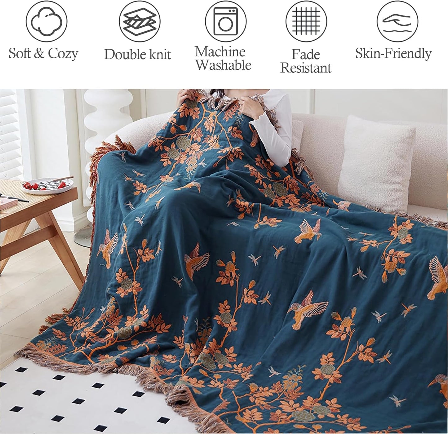 Snycler Boho Throw Blanket for Bed, 100% Organic Cotton Muslin Soft Throw-Floral Bird Farmhouse Rustic Spring Summer Fall Decor Blanket for Couch Sofa Quilt and Gift, 60" x 80" Orange