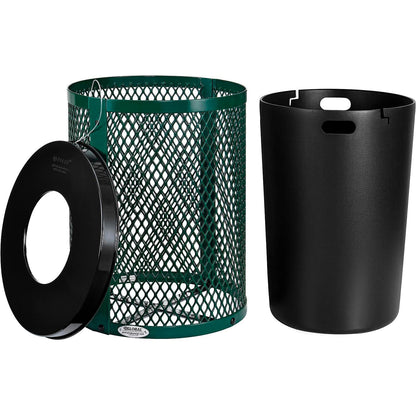 Global Industrial Outdoor Diamond Steel Trash Can with Flat Lid and Plastic Liner, 36 Gallon Capacity, Green, Thermoplastic Coating, 23-1/2" Diameter, 30" H
