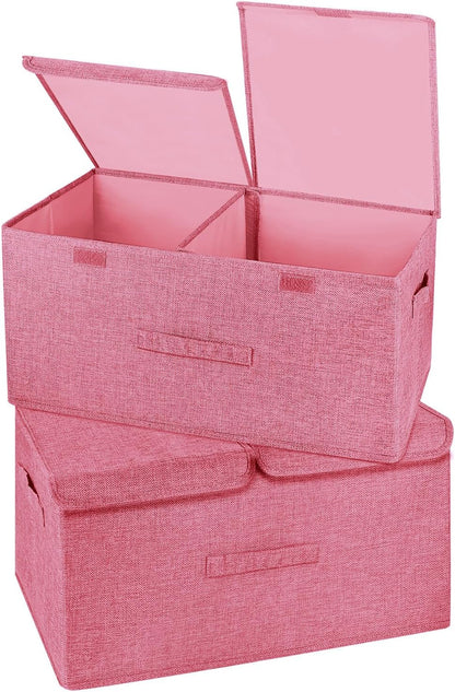2 Pack Storage Boxes with Lids and Handles, Collapsible Linen Storage Bins Organizer Containers Baskets Cube with Removable Divider for Home Bedroom Closet Office (Pink, Large)