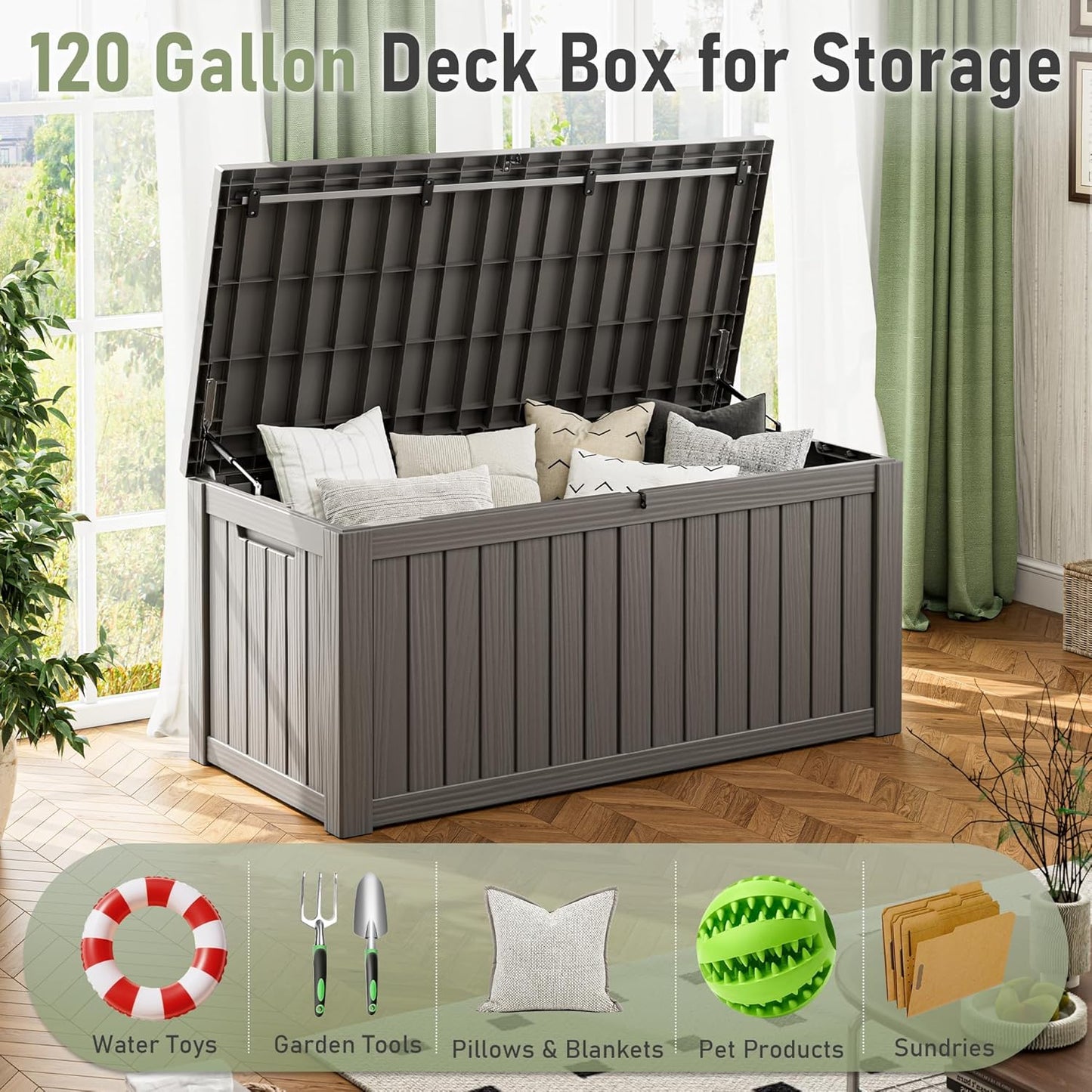 KAMABOKO Outdoor Storage Box, 120 Gallon Large Outdoor Resin Deck Box, Storage Waterproof Boxes Lockable Lid for Garden Tools, Pool Supplies, Patio Furniture and Cushions, Grey