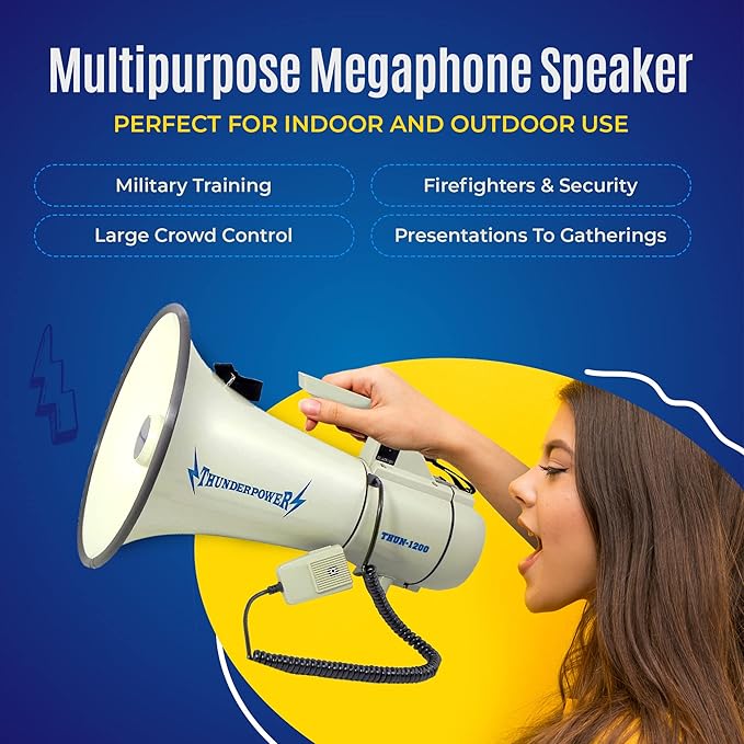 ThunderPower THUN1200 Heavy-Duty Extra-Loud Megaphone Speaker – 45 W Bullhorn Megaphone with Siren, 2,000‑Yard Range, Bell & Talk Modes - Loud Speaker Megaphones for Military and Crowd Control