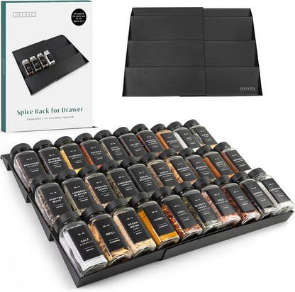 Spice Drawer Organizer - Expandable Spice Rack for Drawer, Black Seasoning Organizer for Drawer Spice Organizer, Spice Organization Seasoning rack insert for Cabinet (Jars Not Included)