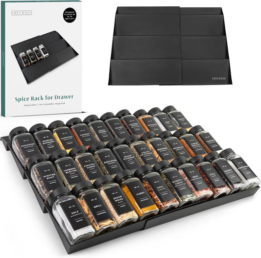 Spice Drawer Organizer - Expandable Spice Rack for Drawer, Black Seasoning Organizer for Drawer Spice Organizer, Spice Organization Seasoning rack insert for Cabinet (Jars Not Included)