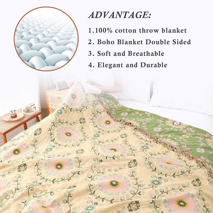 Snycler Boho Throw Blanket 60"x80" - 100% Cotton Ultra Soft Rustic Quilt, Green Floral Printed Farmhouse Decor for Bed, Sofa, Couch, Chair - All Season Cozy Blanket
