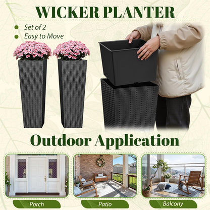 JUMMICO Set of 2 Resin Rattan Tall Planters for Outdoor Plants, Large Tapered Planters with Drainage Holes&Inner Trays, Flower Pots for Garden, Patio, Porch, Backyard (Black, 32'')