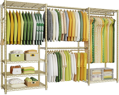 Ulif E1 Heavy Duty Closet Garment Rack, 6 Tiers Adjustable Metal Freestanding Expandable Clothing Storage with 4 Hanger Rods, Easy to Assemble Wardrobe, 71.4" H x (70" - 88.2") L x 14" D, Gold