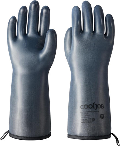 COOLJOB Heat Resistant Oven Gloves, Waterproof Liquid Silicone BBQ Grilling Gloves for Barbecue, Kitchen Cleaning, Baking, Food Contact, Black, Medium