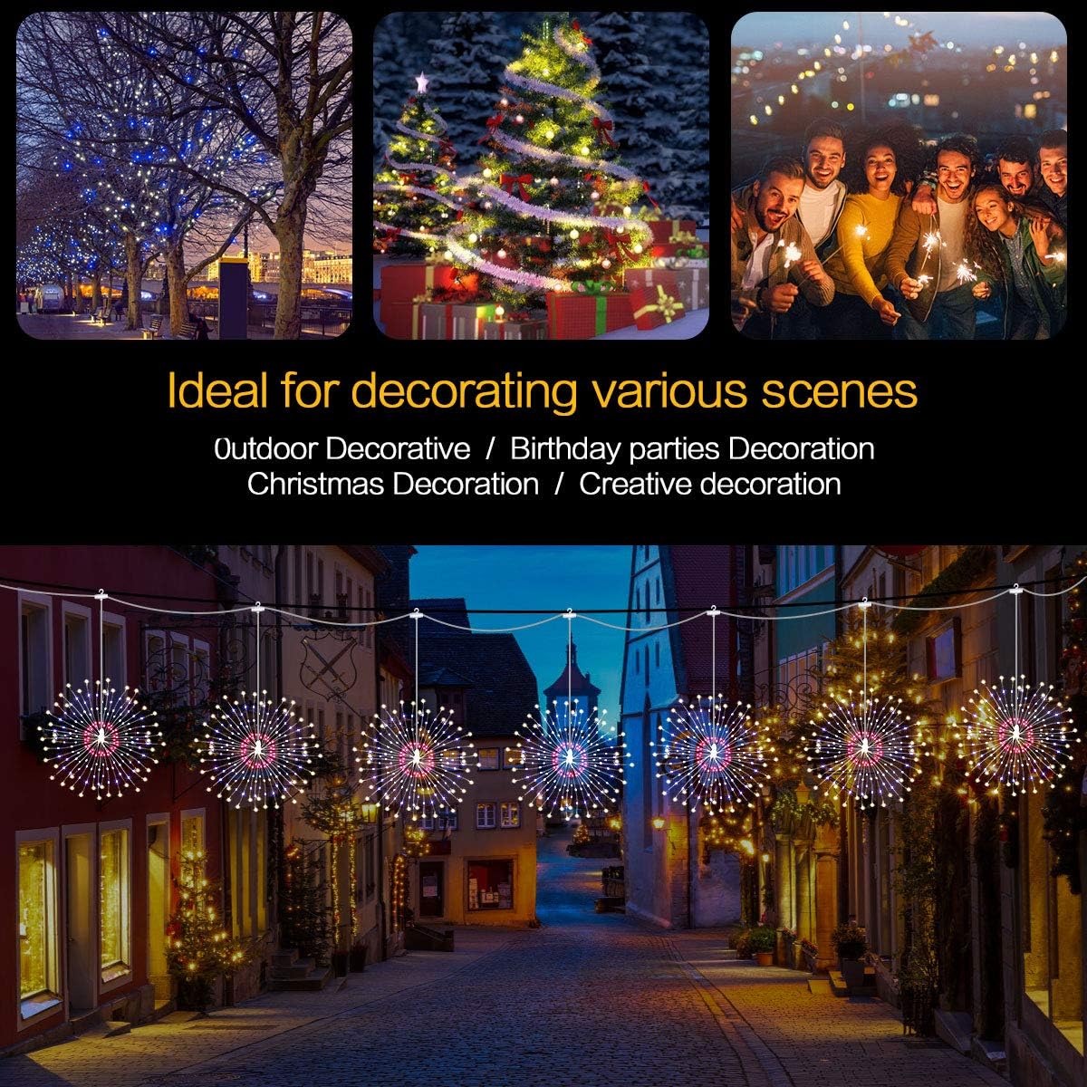 Firework Lights 6 Pack 180 LED Copper Wire Starburst With 8 Models, Power Supply Fairy With Remote Control, Waterproof Outdoor Hanging