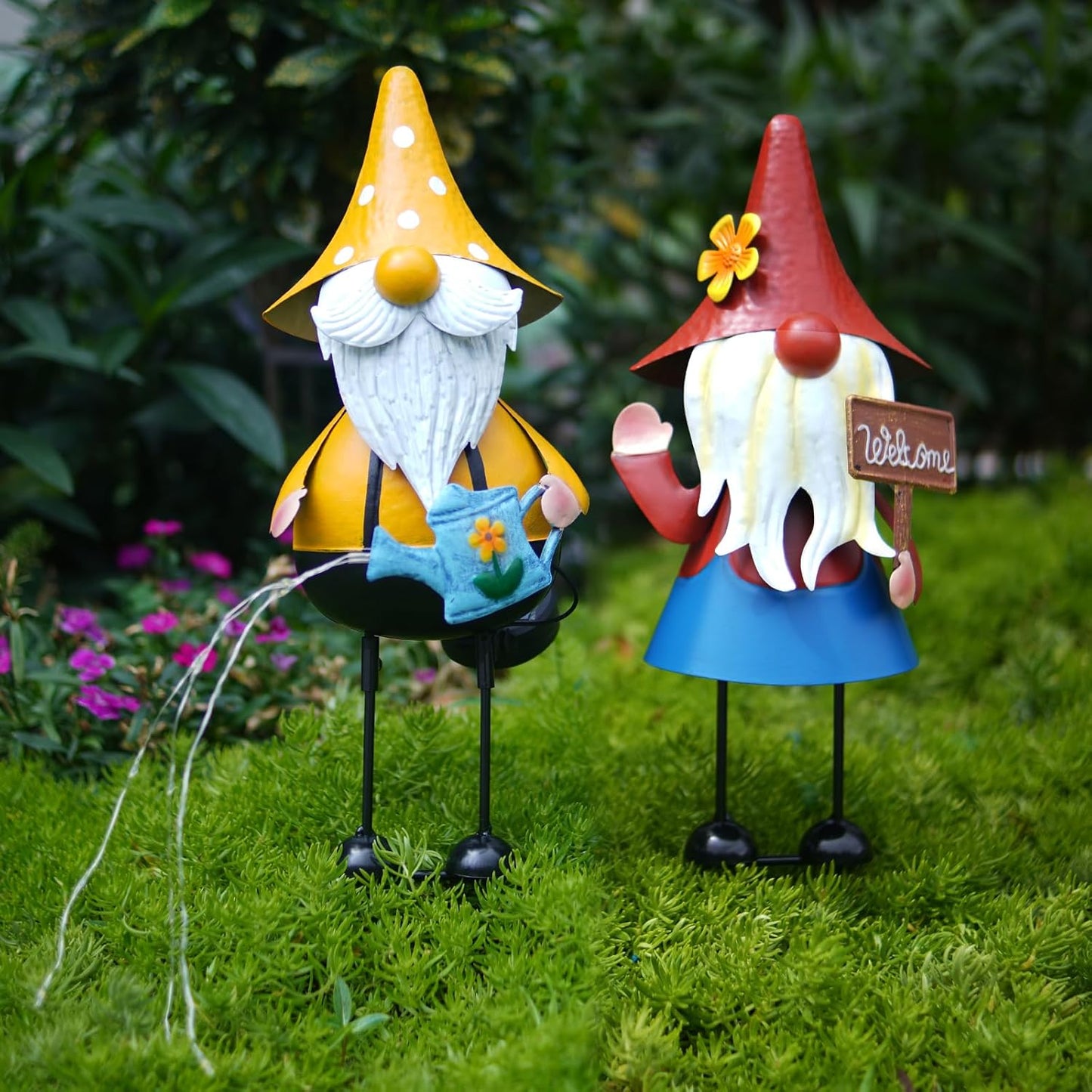 HONGLAND Metal Gnome Yard Art -18 Inch Garden Gnomes Statues Outdoor Decor with Watering Can Solar Lights -3D Outdoor Figurines for Patio Yard Lawn Porch Ornament Gardening Gifts