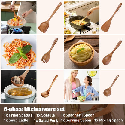 Wooden Spoons - Wooden Spoons for Cooking,Natural Wooden Kitchen Utensils Set Non Toxic,6-Piece Wooden Cooking Utensils(A06)