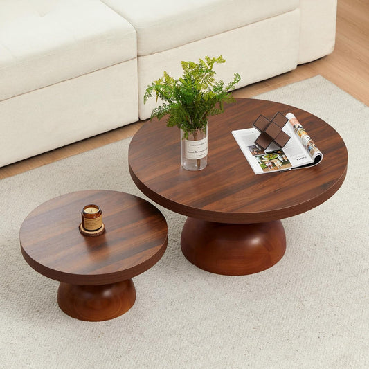Solid Wood Round Nesting Coffee Table Set of 2, Circle Accent Tables with Unique Semi-Circular Legs, Modern Farmhouse Side End Table Set for Small Space Living Room Office (Walnut)