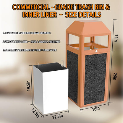 Commercial Metal Outdoor Trash Can with Lid, Lockable Outdoor Garbage Can with Nature Stone Panels, Heavy-Duty Rustproof Trash Bin with Removable Liner for Parks & Public Spaces