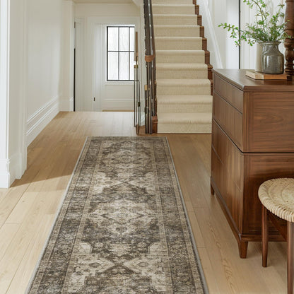 AMOAMI-2X6 Runner Rug-Washable Runners for Hallways-Soft Non Slip Bedside Rugs for Bedroom-Vintage Long Rug for Hallways Entryway Laundry Room Stair Kitchen Bathroom Light Brown/Coffee