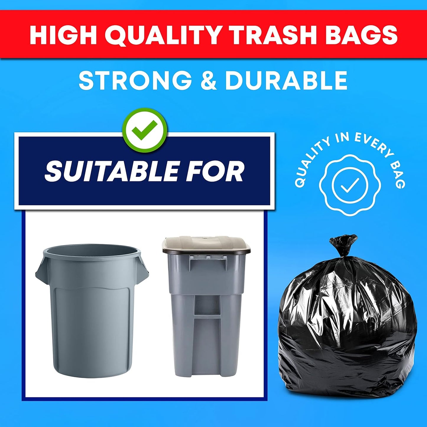 Tasker 55-60 Gallon Trash Bags Heavy Duty, (Value Pack 100 Bags w/Ties) Large Black Outdoor Trash Bags, Extra Large Trash Can Liners, 60 Gal, 55 Gal, 50 Gallon Trash Can Liner Capacity