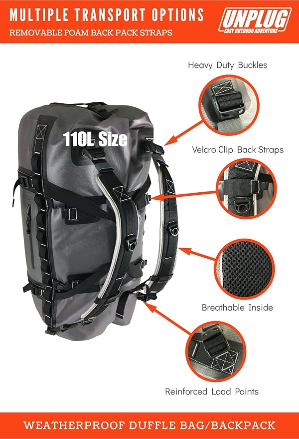 UNPLUG Ultimate Adventure Bag | 1680D Heavy Duty Waterproof Bag | Large Travel Duffle Bag which can be Used for Camping, Motorcycling, Boating, or Hunting