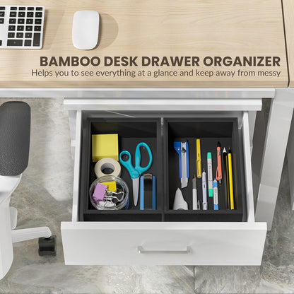 Kitchen Drawer Organizer Bins, Stackable Bamboo Drawer Organizer for Silverware, Flatware, Deep Office Desk Organizer Tray, Desktop Pen, Office Organization Black 9" x 6" x 2.5"(Set of 2)