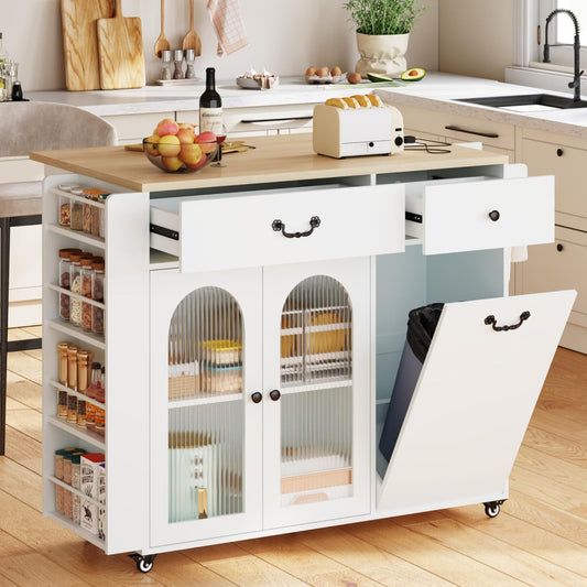 Kitchen Island with Drop Leaf & Power Outlet, Rolling Kitchen Island on Wheels with Trash Can Storage, Island Table Bar Cart with Spice Rack, Towel Rack, Drawers, Mobile Kitchen Carts on Wheels