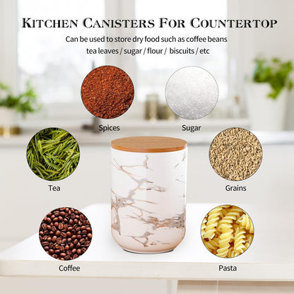 White Ceramic Canister Set with Wooden Lid, 3-Piece Food Storage Jars for Kitchen Counter, Storage Container for Sugar, Coffee, Tea, Spice
