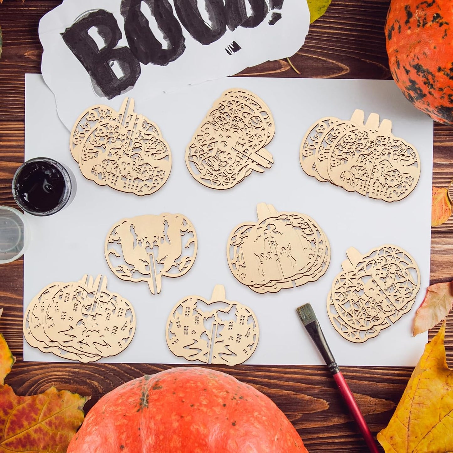 COCHIE DIY 3D Halloween Pumpkin Wood Crafts to Paint for Kids Adults, Paintable Unfinished Wooden Slices for Craft, Cutouts Ornaments for Painting Decorations (24 PCS)