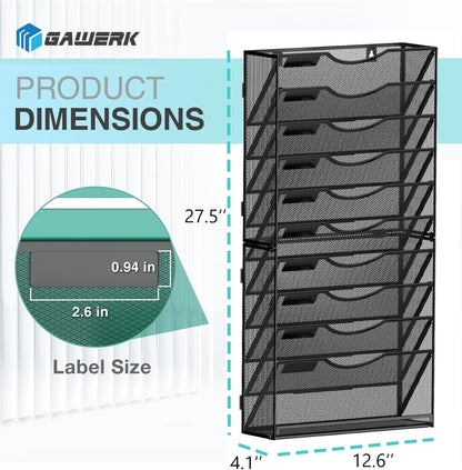 11-Tier Wall File Organizer Hanging Wall File Holder Wall Mount Paper Folder Organize, Mesh Magazine Document Mail Organizer Wall Organizer for Office School Home, Black